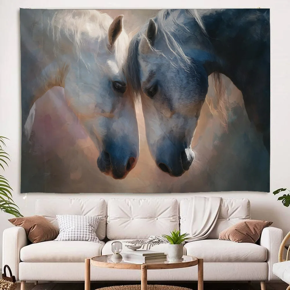 Horse print tapestry, animal oil painting decorative aesthetic wall hanging cloth, dormitory home background wall mural