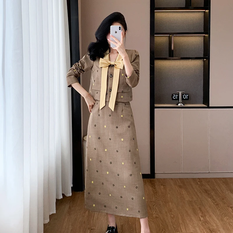 Elegant Fashion Small Fragrant Two Piece Set For Women Bow Blazer Jacket + Long Skirt Suits Korean OL Womens 2 Piece Outfit Set