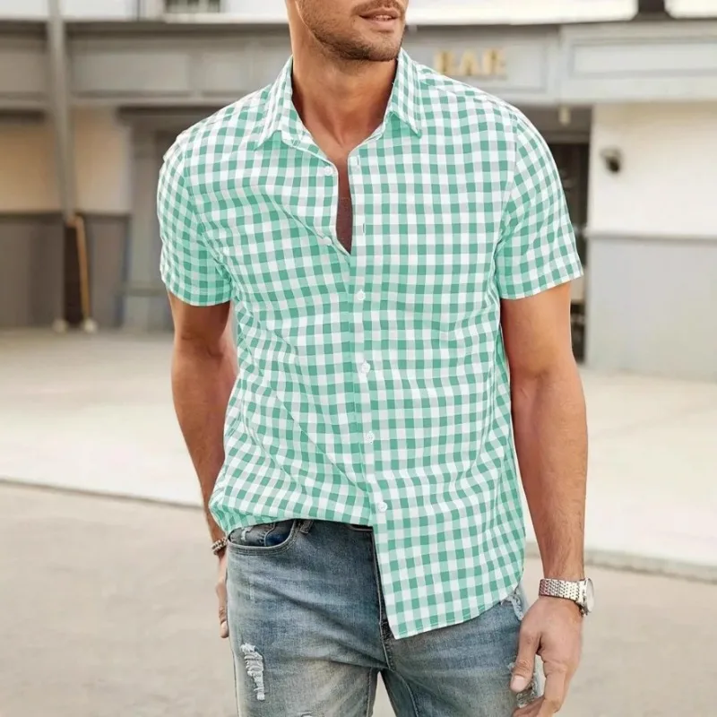 

Mens Gingham Check Short Sleeve Button Down Shirt Casual Breathable Summer Blouse