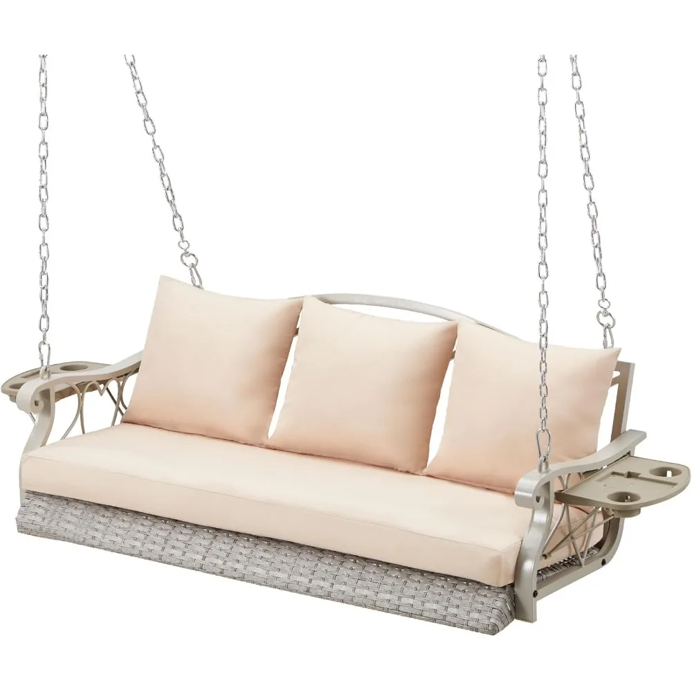 

3-Person Wicker Porch Swing Chair Heavy Duty 900 LBS Outdoor Rattan Patio Swing Chair w/Cup-Holder & Steel Chains Hanging Bench