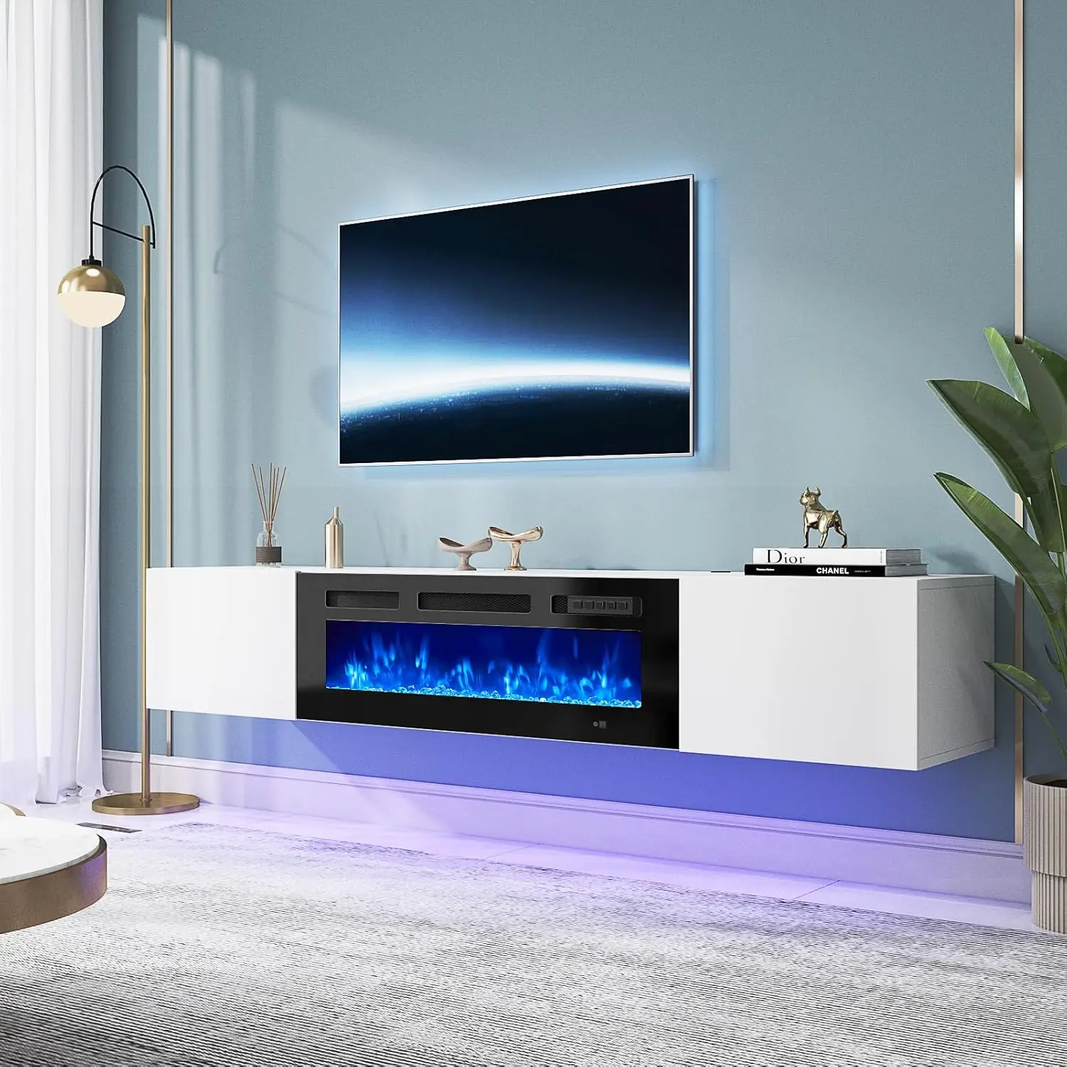 Oneinmil Soporte flotante para TV de 70" con chimenea eléctrica de 36", centro de entretenimiento para chimenea montado en la pared con almacenamiento, consola para TV