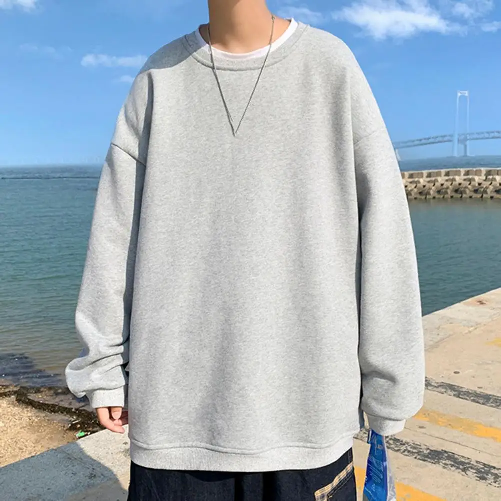 

Men Fall Winter Sweatshirt Round Neck Long Sleeve Loose Pullover Soft Warm Plush Simple Style Streetwear Solid Color Men Top