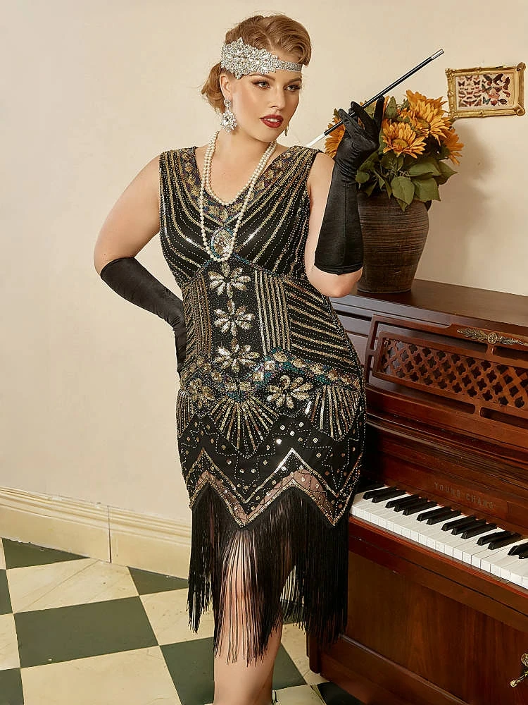 Women 1920s Vintage Great Gatsby Dress Double V-Neck Sleeveless Beaded Sequin Tassel Dress Art Deco Flapper Dress for Party