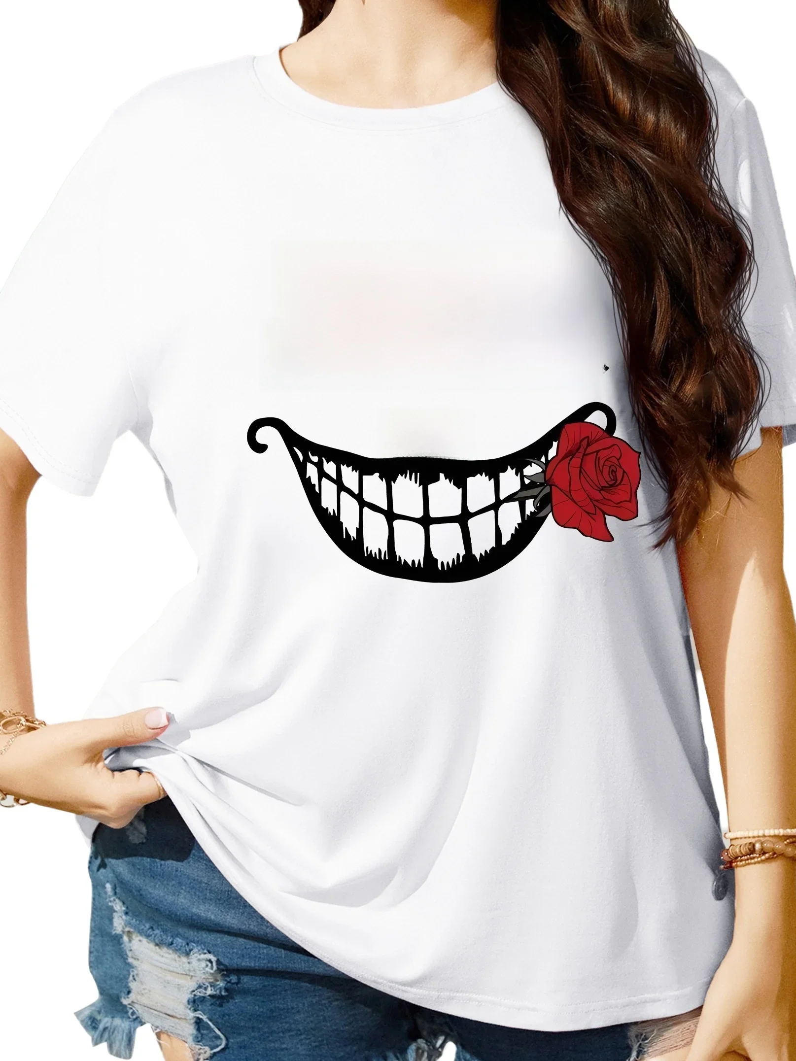

Plus Size Ladies' T shirt Featuring Charming Cheshire Cat Smile and Rose Element to Enhance Elegant Style
