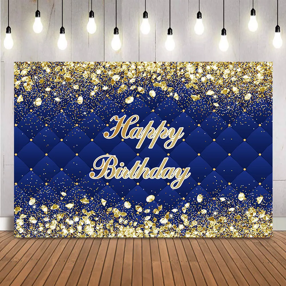 Gold Glitter Happy Birthday Backdrop Adult Dark Blue Heardboard Background for Photo Studio Photocall Women diamonds decoration