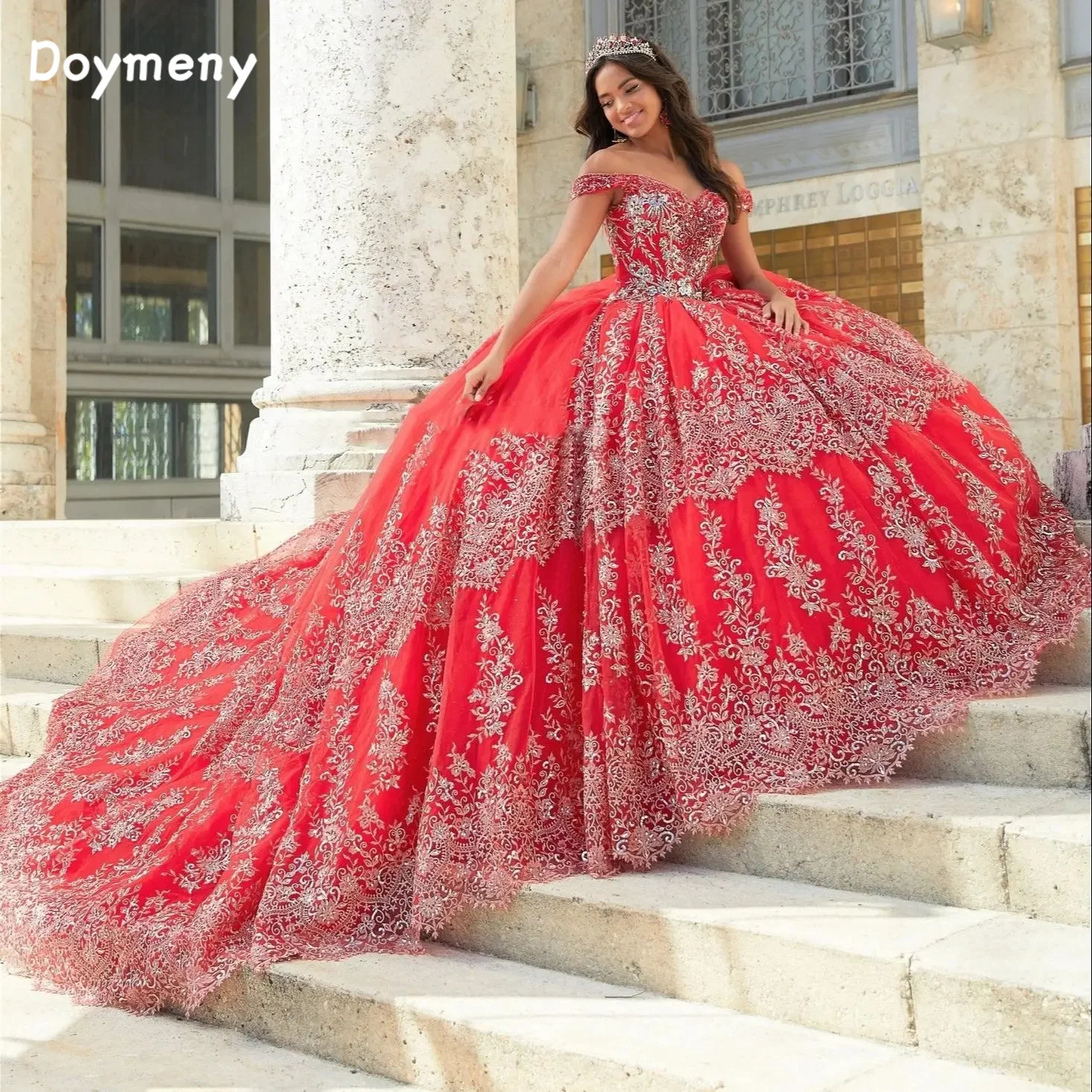 

Doymeny Appliques Beaded Puffy Quinceanera Dresses Ball Gown Off The Shoulder Tulle Mexican Sweet 16 Dresses 15 Anos