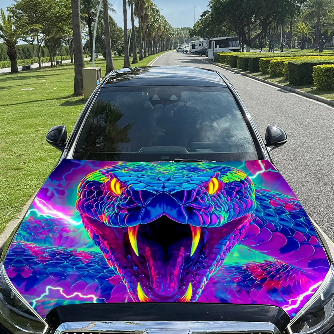 

Neon Lightning Venomous Snake Image Car Vinyl Wrap, PVC Material Waterproof Car Hood Sticker, Self-Adhesive Scratch-Resistant St