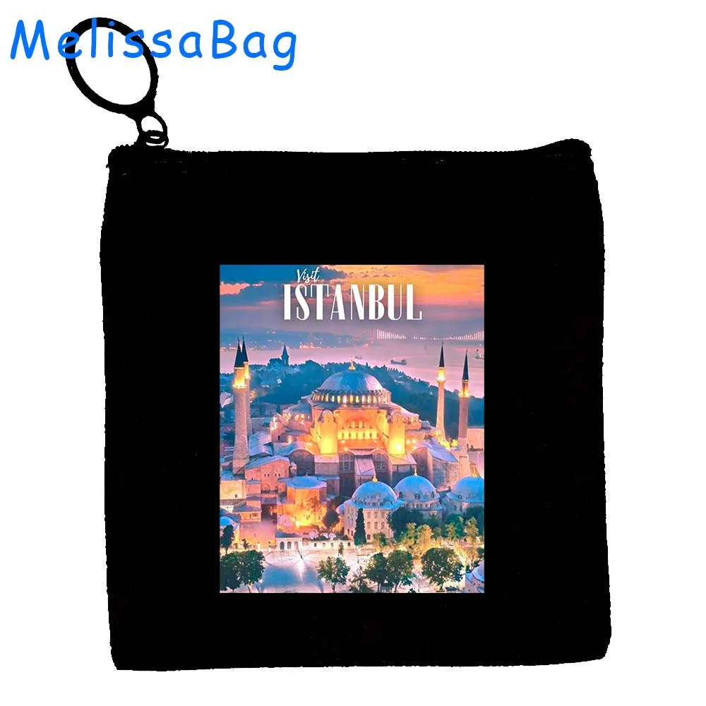 Retro Turkey Istanbul Skyline Istanbul Turkish Patriotic Gifts Turkish Girl Canvas Coin Purse Key Case Storage Bag Zipper Pouch