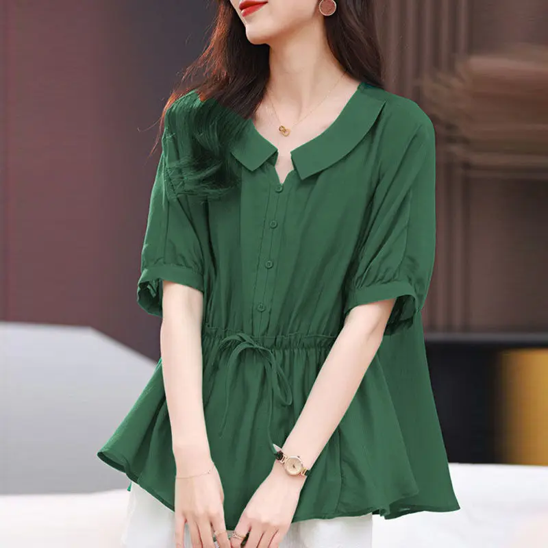 2024 Summer Korean Doll Collar Blouse Loose Button Women\'s Clothing Solid Color Stylish Ruffles Spliced Commute Drawstring Shirt