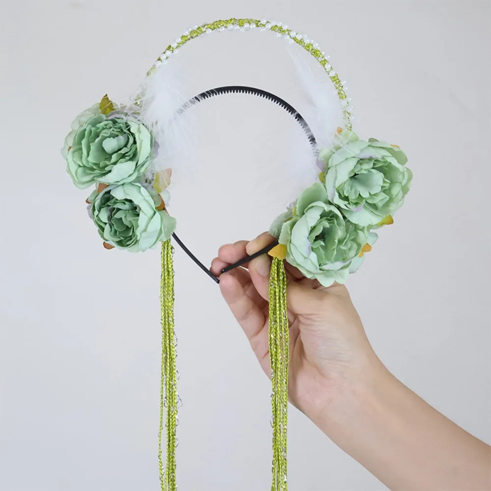 

Повязка на голову с цветком феи и перьями, обруч для волос с жемчужной кисточкой, семь сказочных головных уборов, аксессуары для волос Hanfu, косплей