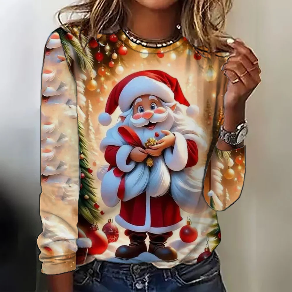 Father Christmas Deer Harajuku Clothing For Women Oversized Cotton T-Shirt Tops O Neck Casual Long Sleeve Female Fashion Streetw