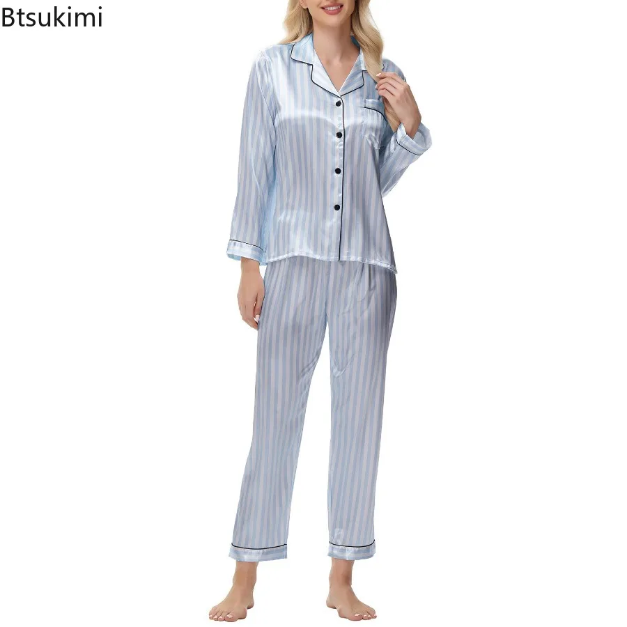 Women 2PCS Ice Silk Pajamas Set Spring Autumn Long Sleeve Button Up Shirt and Casual Loose Elastic Pants Sleepwear Loungewear