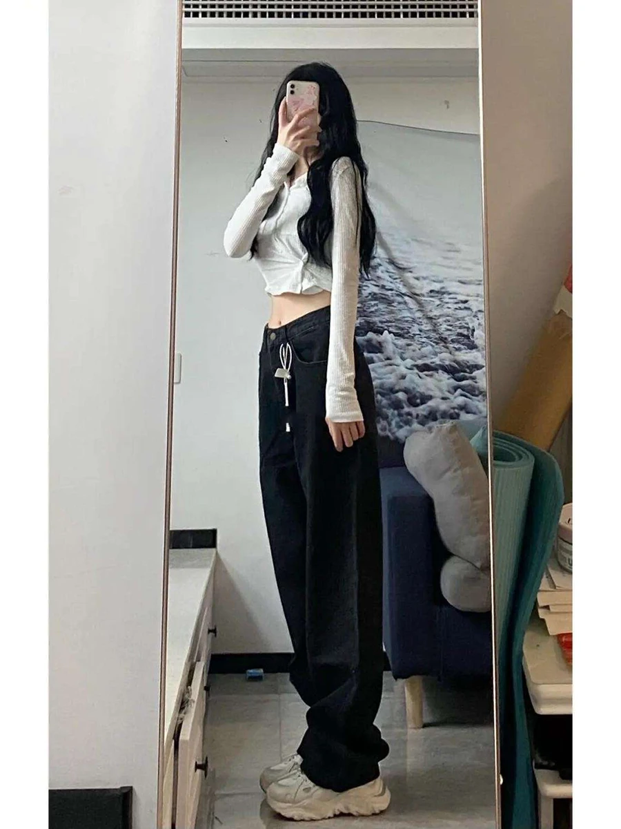 التخسيس عالية الخصر واسعة الساق الجينز المرأة الصيف رقيقة حجم كبير فضفاض طويل مستقيم قطع الدينيم السراويل العصرية Ins Sle الأزرق العميق