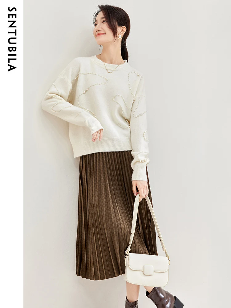 SENTUBILA Spring Elegant Matching Sets 2024 O-neck Sweater A-line Pleated Midi Skirt Set Woman 2 Pieces Skirt and Top 733Z51798Z