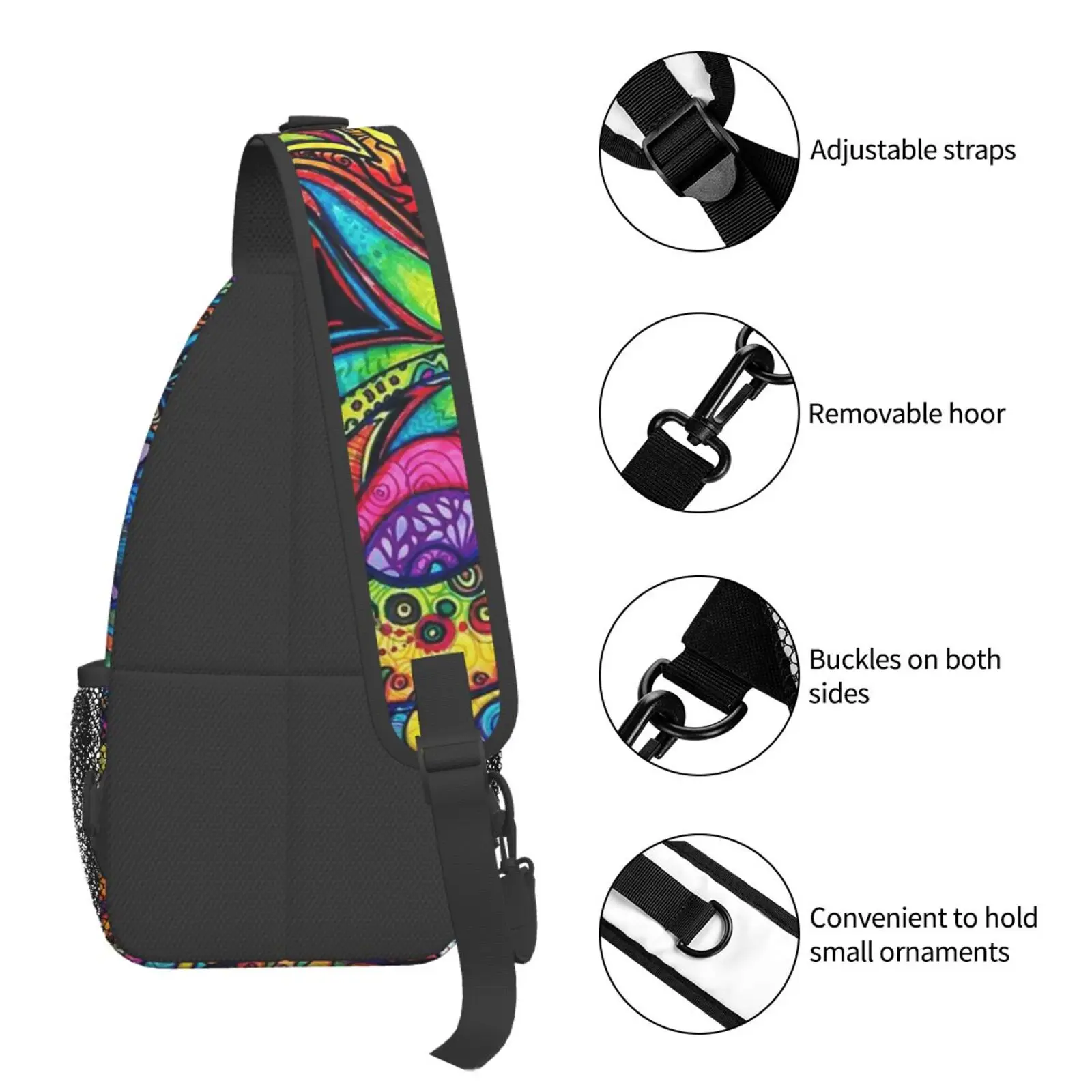 Psychedelic Trippy Rainbow Print Sling Backpack Chest Bag Waterproof Crossbody Travel Hiking Daypack for Women Men Shoulder Bag - view 5