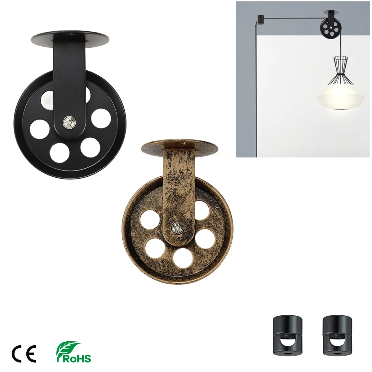 Black Wall Mount Pulley for Pendant Lights Metal Pulley Wheel Cable Hook Chandelier for Plug in Pendant Light Hanging