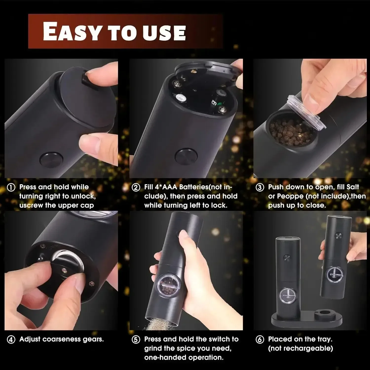 전기 소금 및 후추 분쇄기 조정 가능한 거친 전기 분쇄기가있는 배터리 구동 휴대용 자동 밀 분쇄기