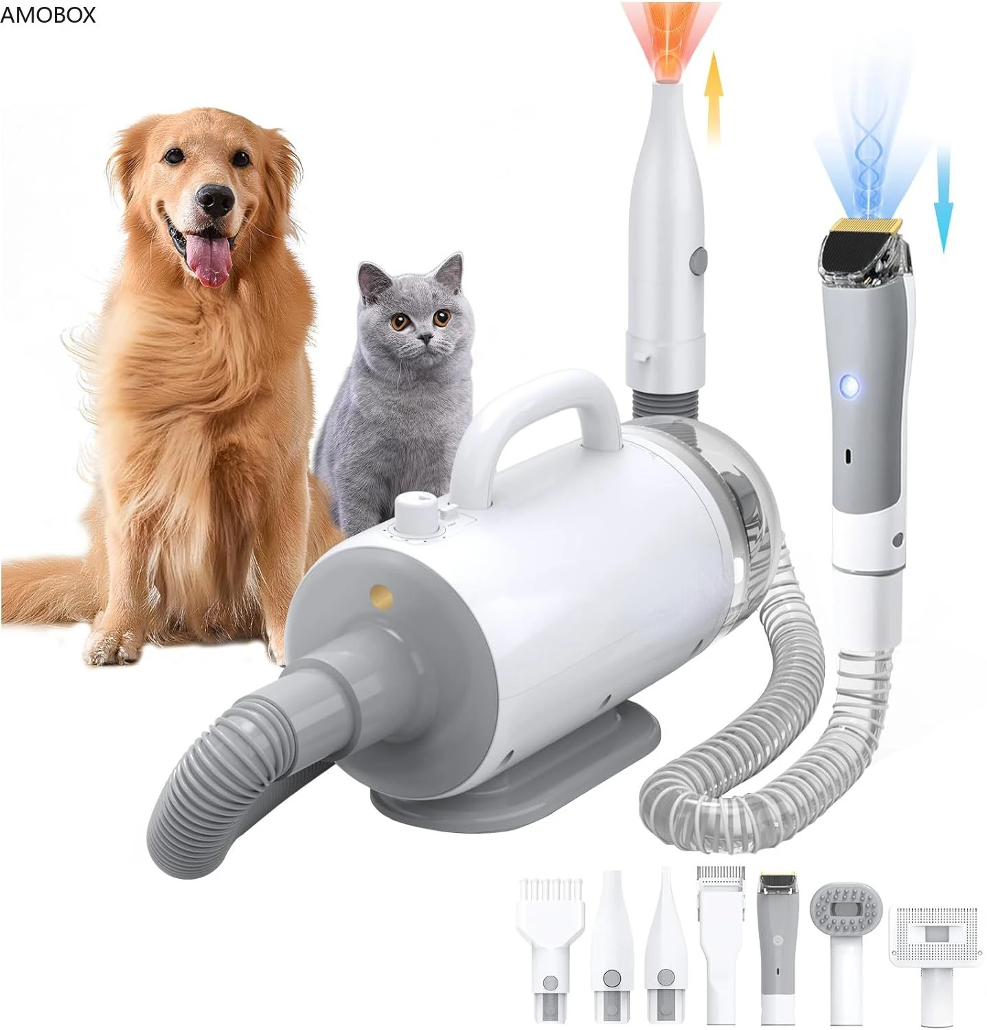 

AMOBOX-Dog Grooming Vacuum Kit, Blow Dryer, Hair Suction, High Velocity Blower with Heater,7 Pet Grooming Kit, 16000Pa