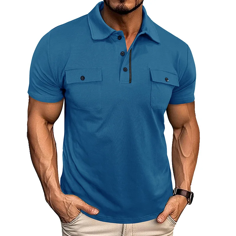 Men's Lasel Double Pocket Short Sve Outdoor Shirt Top Casual Autumn Thickened Fleece Nine-Quarter Sleeve  Neck Design