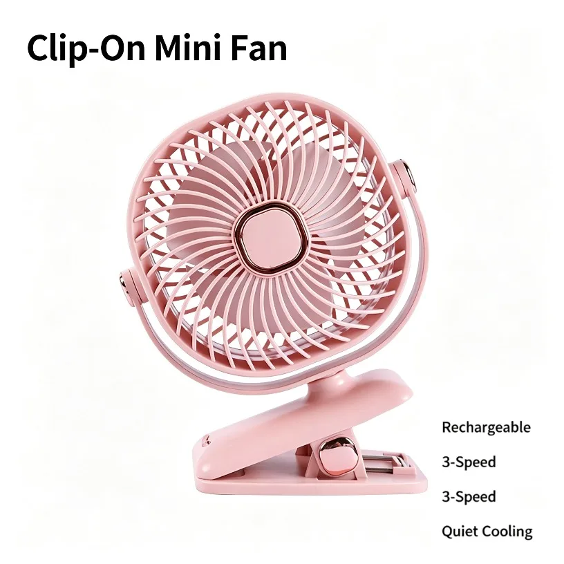 Desk Fan Clip On Mini Rechargeable 3 Speed USB Type-C Portable Quiet Rotatable With Clip for Office Dorm Bed Travel White