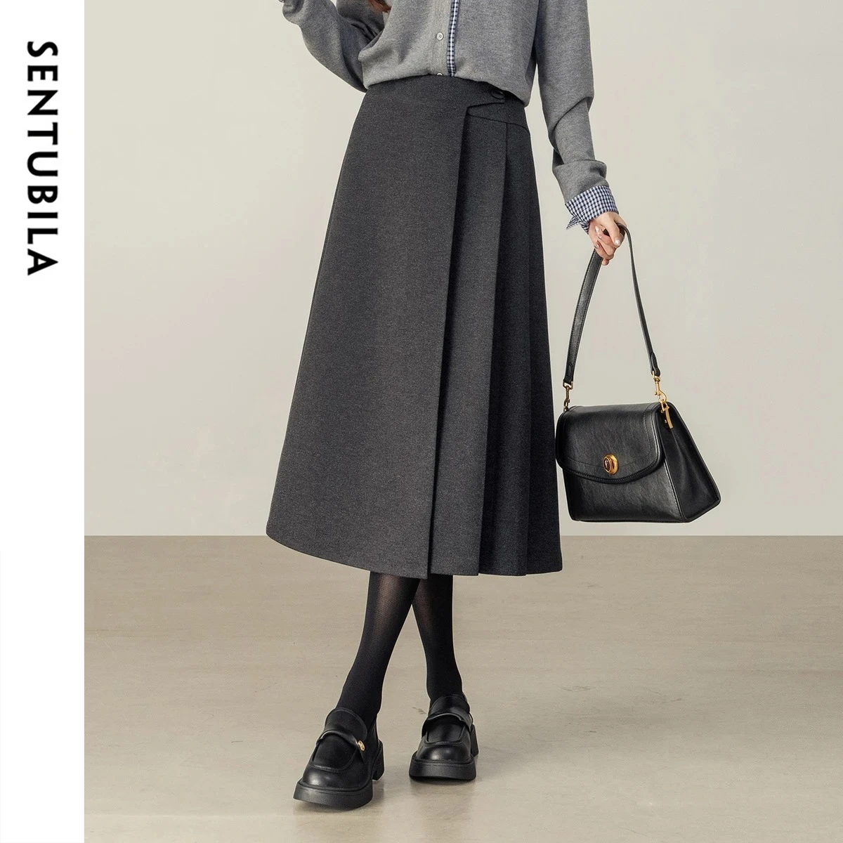 

SENTUBILA Women's A-Line Skirt 2025 Winter High Waist Asymmetric Single-Side Pleated Design Minimalist Commuter Skirt 154QP4000