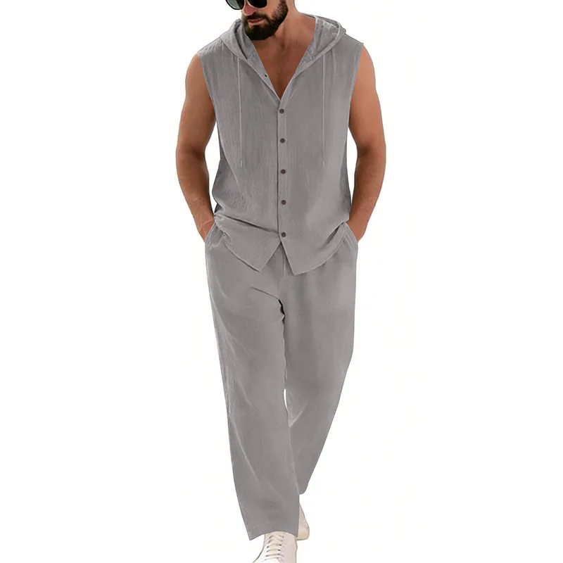 Men's Casual Linen Suit Hooded Sweater And Pants Set Solid Color Breathable Comfortable Men's Clothing view 2