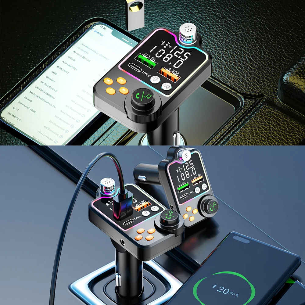 FM المغير اللاسلكي 5.0 مشغل MP3 يدوي سيارة عدة سيارة استقبال الموسيقى نوع C المزدوج USB شاحن سيارة FM الارسال