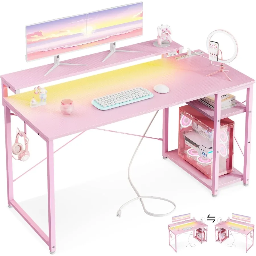 مكتب ألعاب مقاس 48 بوصة مع مخرج طاقة بمصابيح LED للتخزين المتكامل وحامل شاشة قابل للتعديل للاعبين والعمال عن بعد