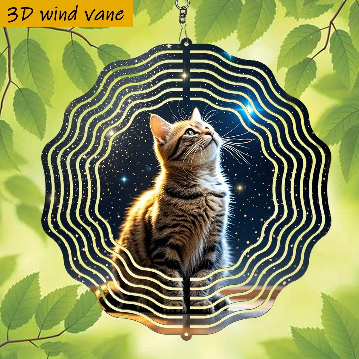 CIFbuy 3D Cat Gazing Starry Sky Metal Wind Chime 10 Inch Round Iron Hanging Ornament 360° Rotating Hook Indoor Outdoor Garden De