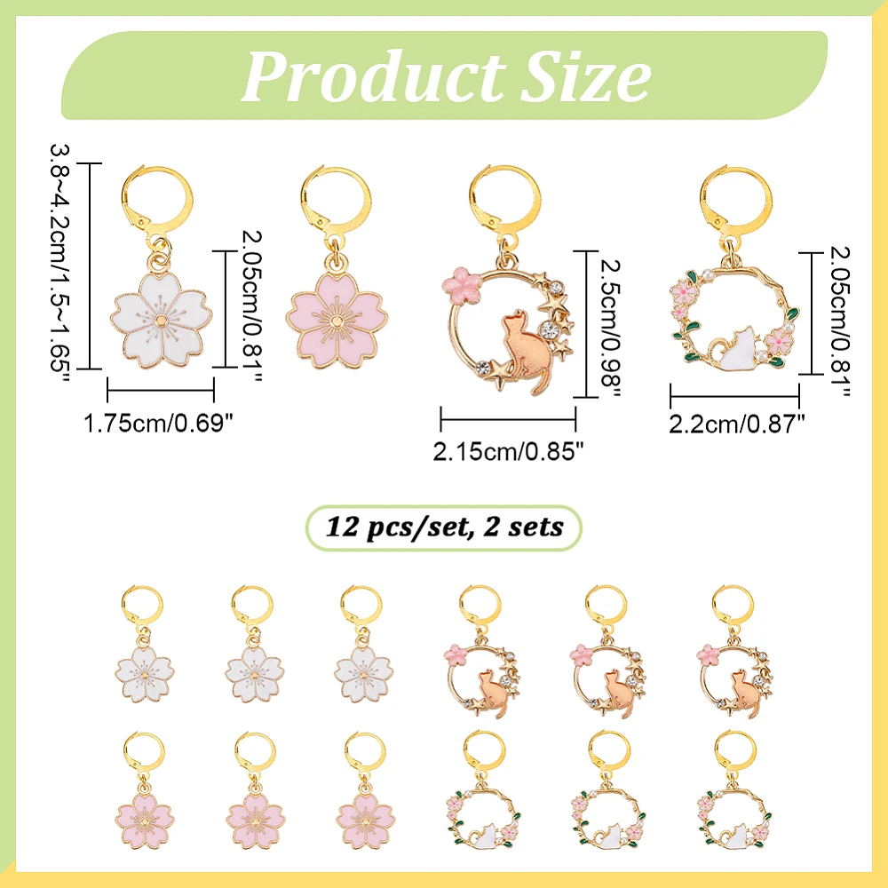 24PCS Alloy Enamel Cat/Sakura Pendant Locking Stitch Markers Brass Clasp Stitch Marker Mixed Color 3.8~4.2cm 4 style 3pcs/style