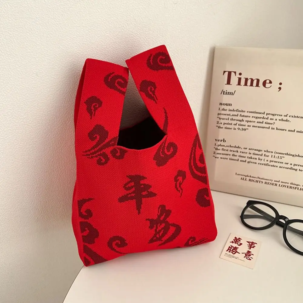 

Casual Christmas Gift Knot Wrist Bag Wool Bucket Bag Bow New Year Knitted Bag Purse Weave Tote Bag Student