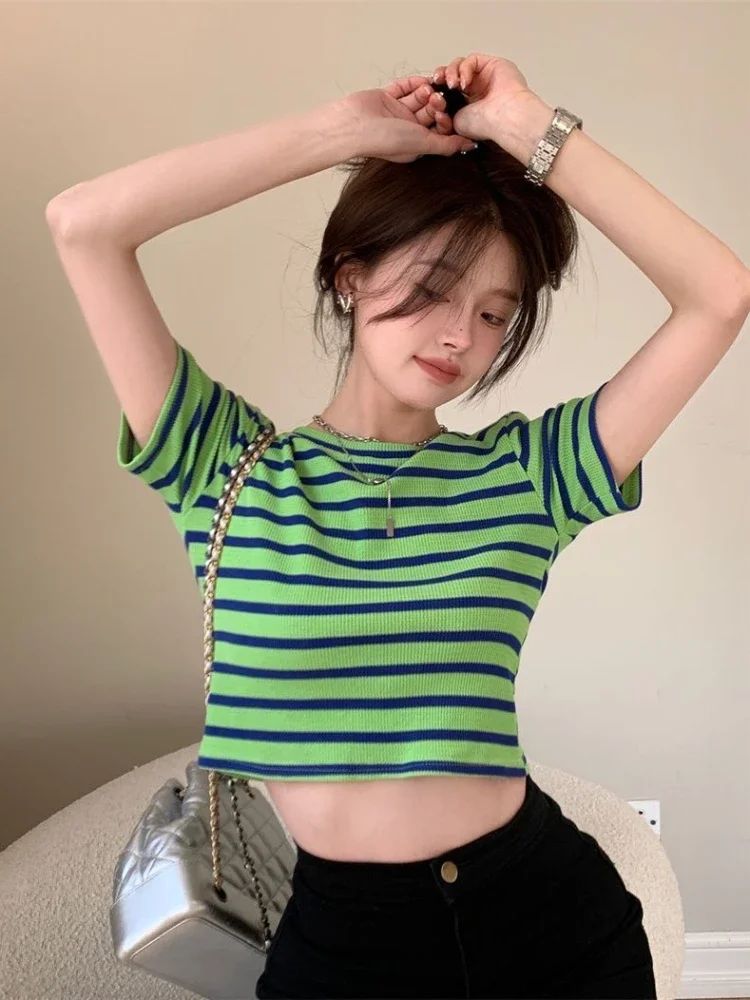 

Футболки женские в полоску милые Y2k модная уличная одежда для школьниц шикарная повседневная женская корейская с коротким рукавом простая летняя одежда