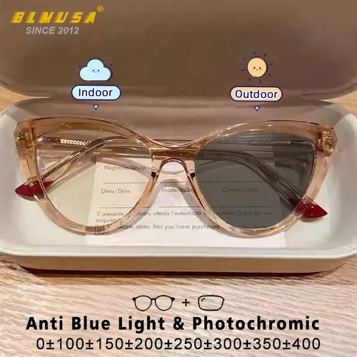 Imagen 2 del producto CLLOIO, gafas de lectura fotocromáticas con estilo de ojo de gato para mujer, gafas de lectura antirayos azules para ordenador, gafas graduadas personalizables para miopía
