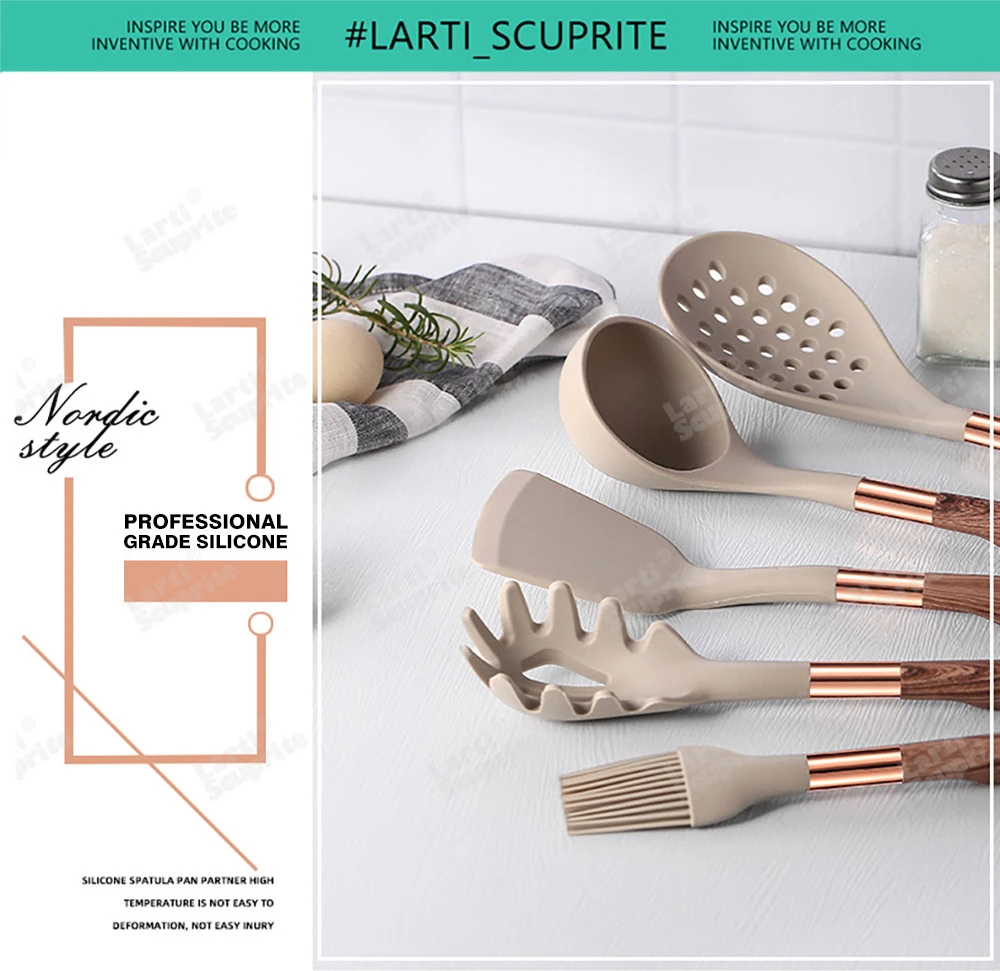 Set Utensili Cucina Silicone Utensili da cucina in silicone resistente al calore set di spatole cucchiaio da cucina antiaderente manico in legno utensili da cucina in silicone set da 17 pezzi