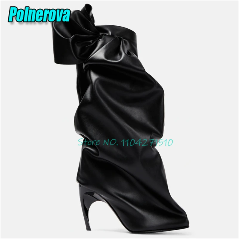 Elegant Women Black Bow Knee High Boots Fashion Pleated Leather Strange Heels Long Boots Pointed Toe High Heels Sleeve Boots view 2