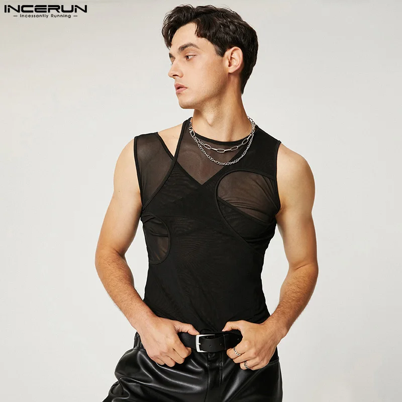 Men Tank Tops Hollow Out Mesh Transparent Streetwear Solid O-neck Sleeveless Vests 2023 Sexy Party Nightclub Tops INCERUN S-5XL