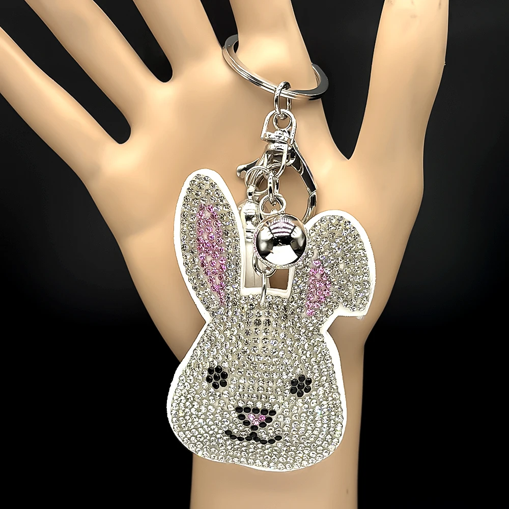Kleiner weißer Hase, schöner Schlüsselanhänger für Damen und Herren, voller Kristallquasten, für Kinder, Rucksack, hängender Schlüsselanhänger, Schmuckzubehör – Detail 6