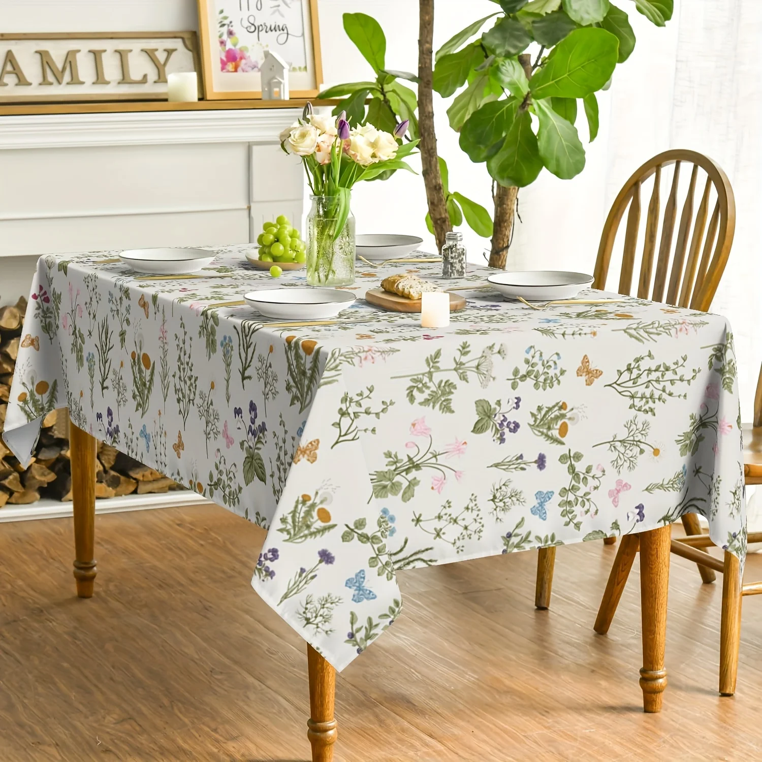 1pc Spring Tablecloth 152.4cm x 213.36cm Rectangular Watercolor Wildflower Herbal Design Washable Polyester Table Cover for Party Picnic Dinner Decor Kitchen Dining Room, Picnic Tablecloth, Watercolor Floral Design, Durable Tablecloth