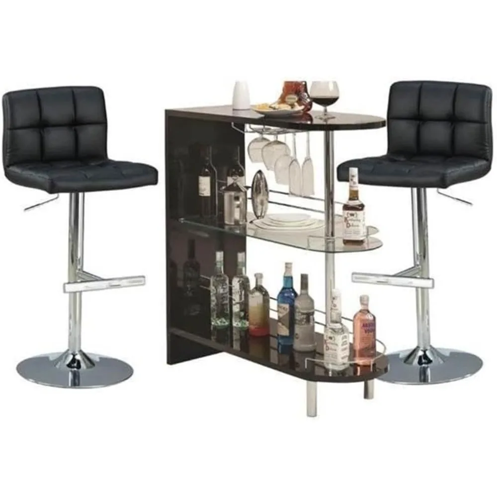 Conjunto de mesa de bar contemporânea de 3 peças para 2, mesa de bar preta com prateleira de vidro e 2 29" H estofado ajustável