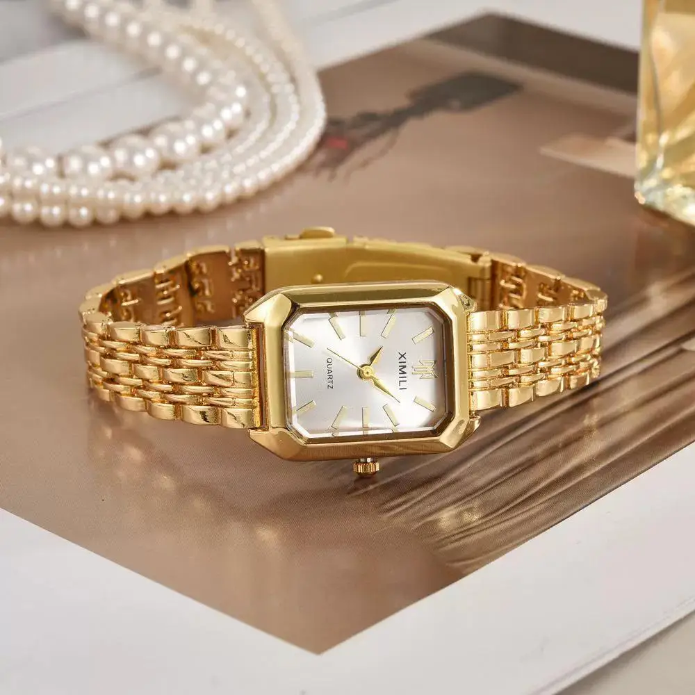 5pcs Trendy Square Women's Watch Gold Watch Women's Watch Steel Belt Women's Watch