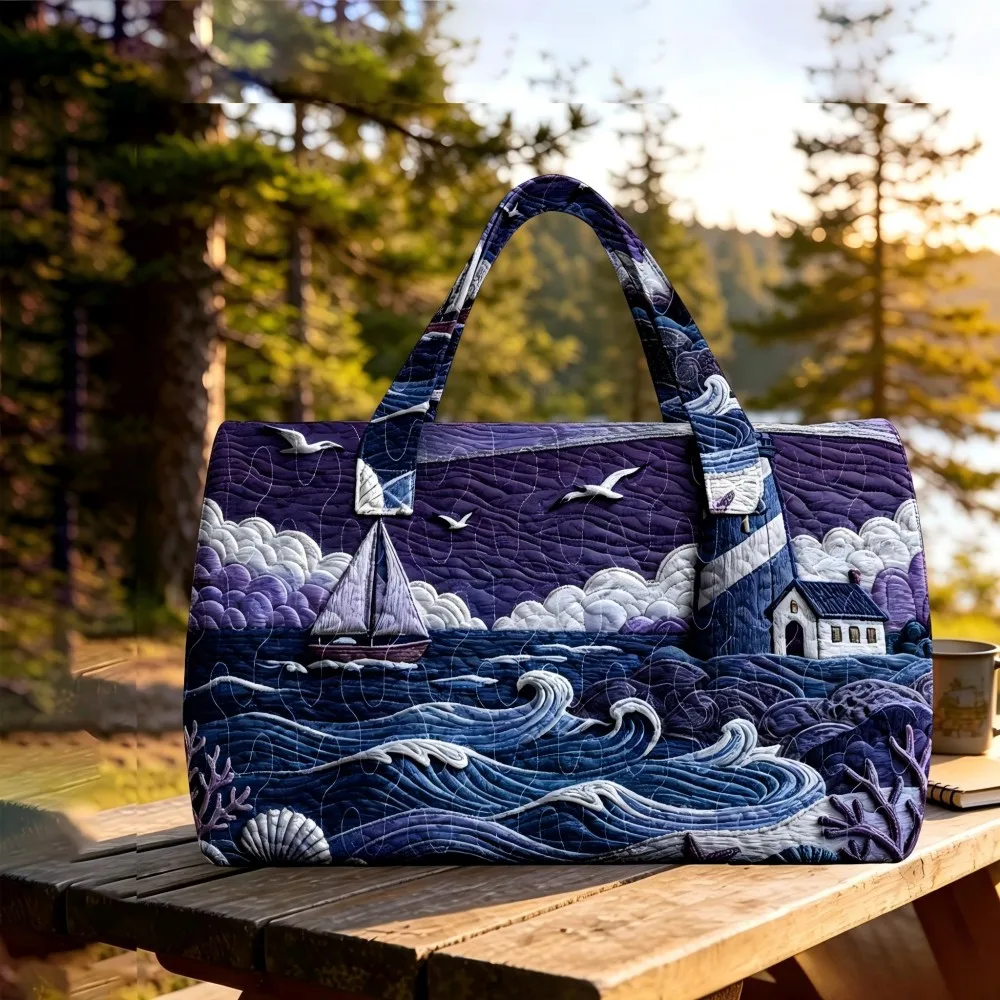 Nautical Ocean Wave Lighthouse Sailboat Quilted Large Tote Bag Embroidery Seaside Pattern Handbag for Travel Daily Use