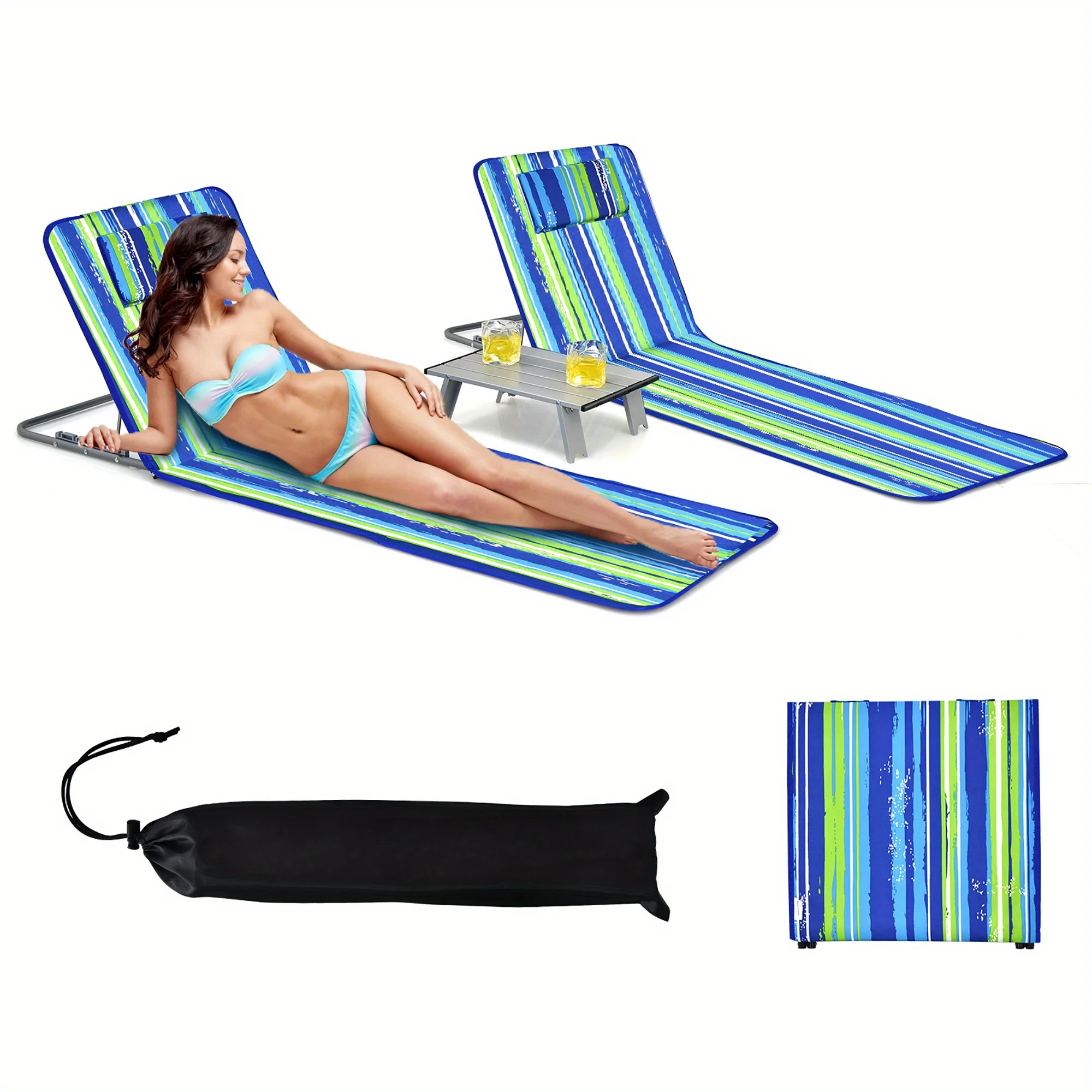 Lounge Chair Mat Set - Adjustable Chairs with Sunbathing Table, Striped Style for Ultimate Relaxation