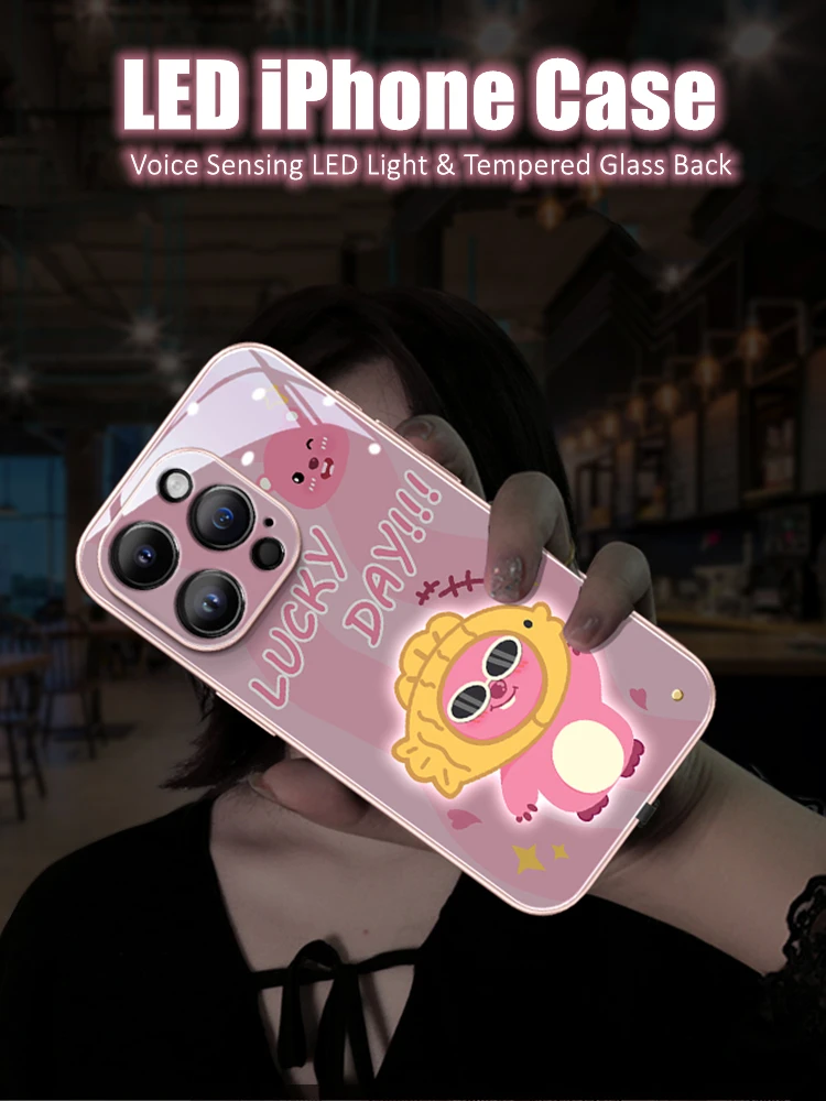 Lucky Day LED Light Glowing Luminous Tempered Glass Back Phone Case for iPhone 11 12 13 14 15 X Xs Xr Mini Pro Max Plus Cover