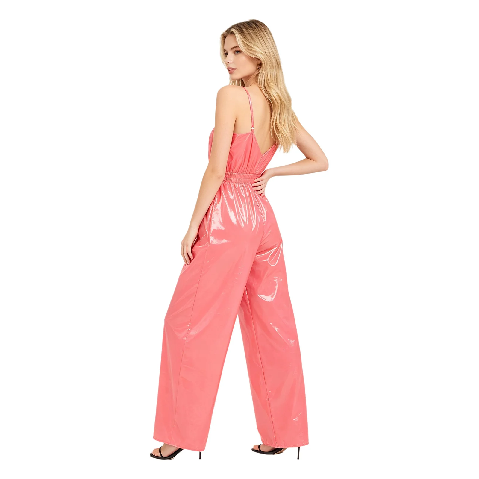 Womens Glossy Waterproof Overalls Jumpsuit Wrap V Neck Backles Elastic Waist Straight Wide Leg Pants One Piece Rompers Clubwear