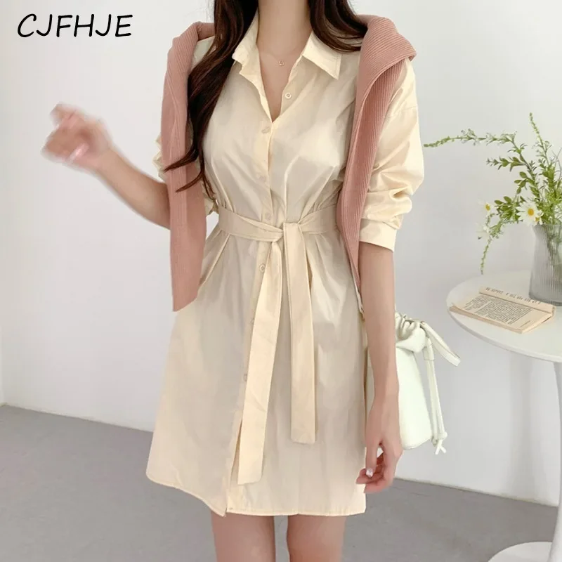 CJFHJE Primavera Moda Versátil Lace Up Camisa Feminina Vestido Coreano Gola Flip Único Breasted Mulheres Vestido Clássico de Manga Comprida