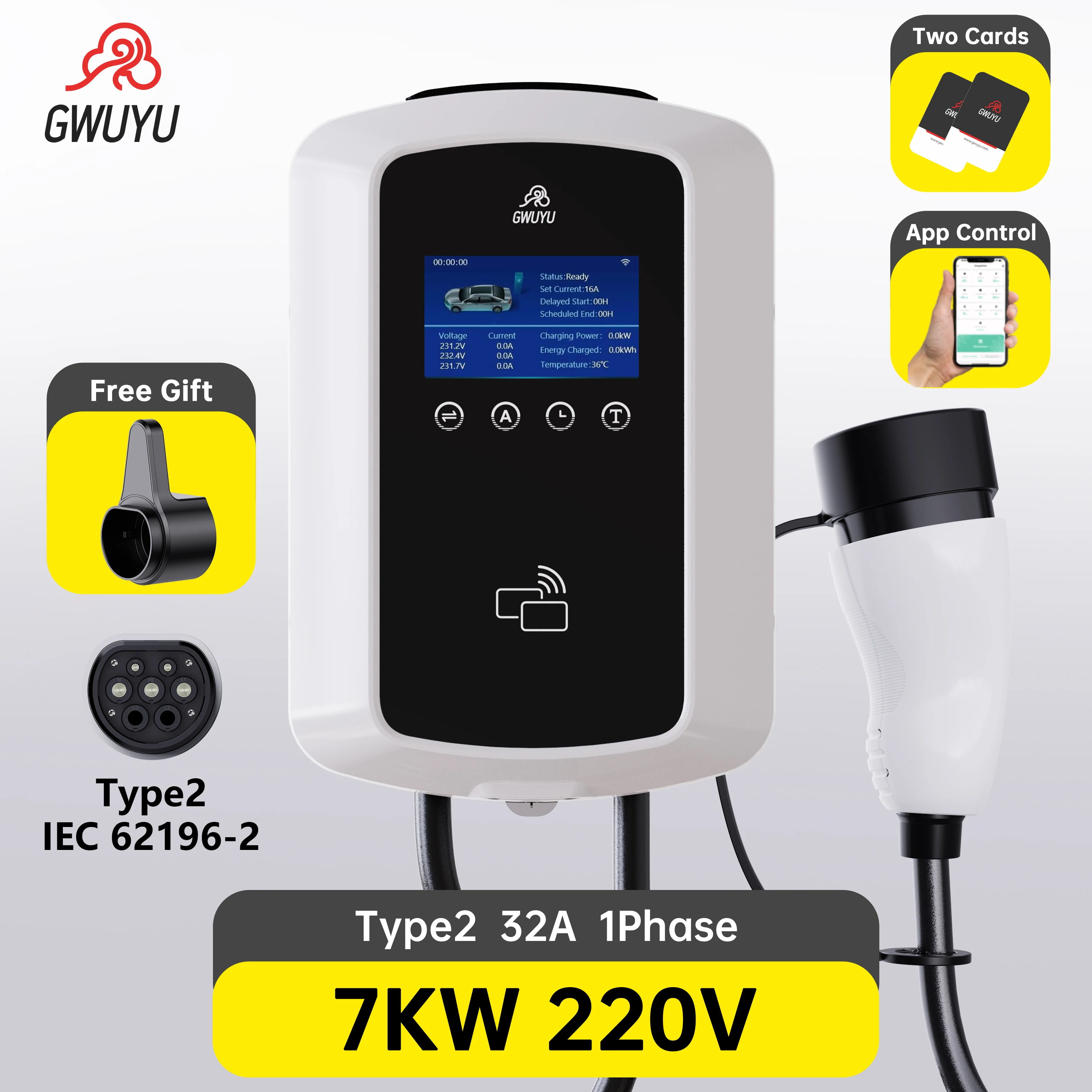 EVSE Wallbox Car Charger Type2 1Phase 7kw 3Phase 11kw/22kw for Electric Vehicle fast Charging with LED 4.3 Inch/RFID Card/APP