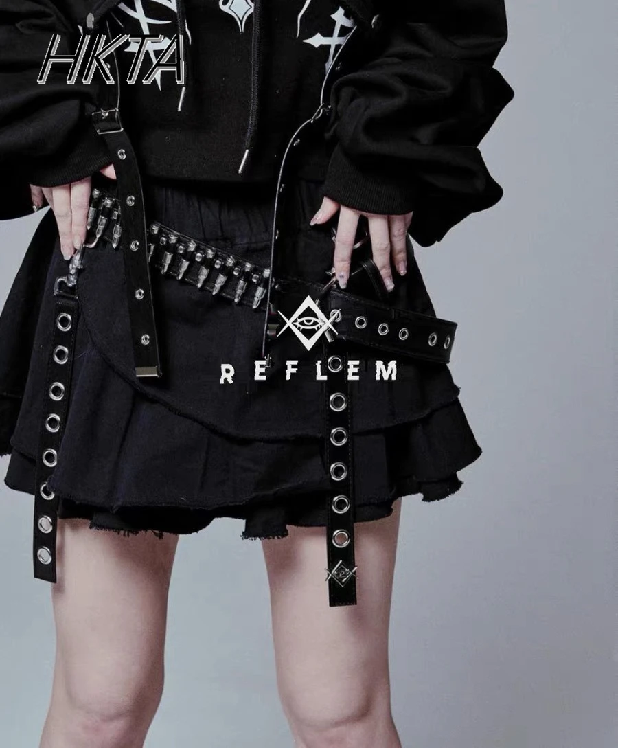 Japanese Striped Color Matching Belt Hot Girl Balck Skirts Women Subculture Goth Y2K Street Pleated Irregular Short Skirt Female