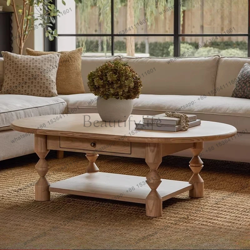Customization French Vintage Oval Oak Designer Home Living Room Artistic Simple Coffee Table