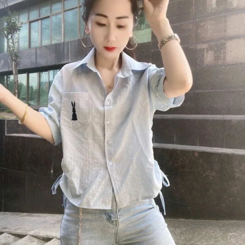 Women Green Short Sleeve Shirt with Rabbit Embroidery and Drawstring Casual Summer Blouse - view 3