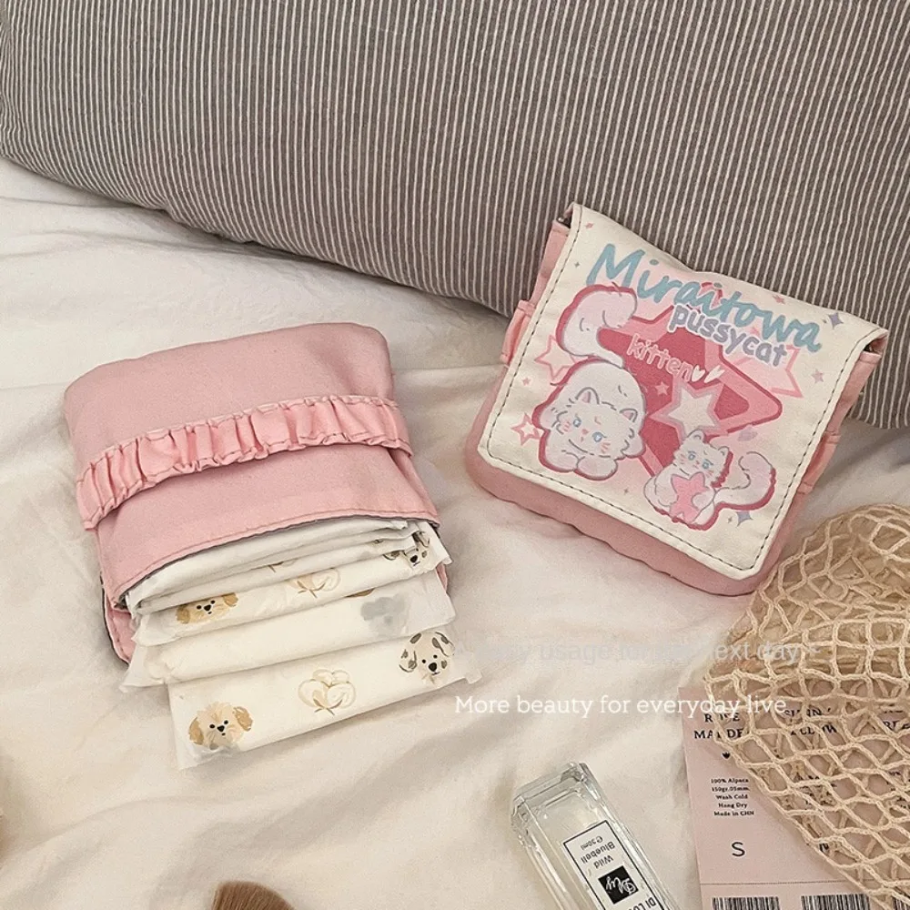 Organisateur de câbles de données créatif, sac pour serviettes hygiéniques, pochette à serviettes multi-usage de grande capacité, sac de rangement, porte-monnaie chaton de dessin animé